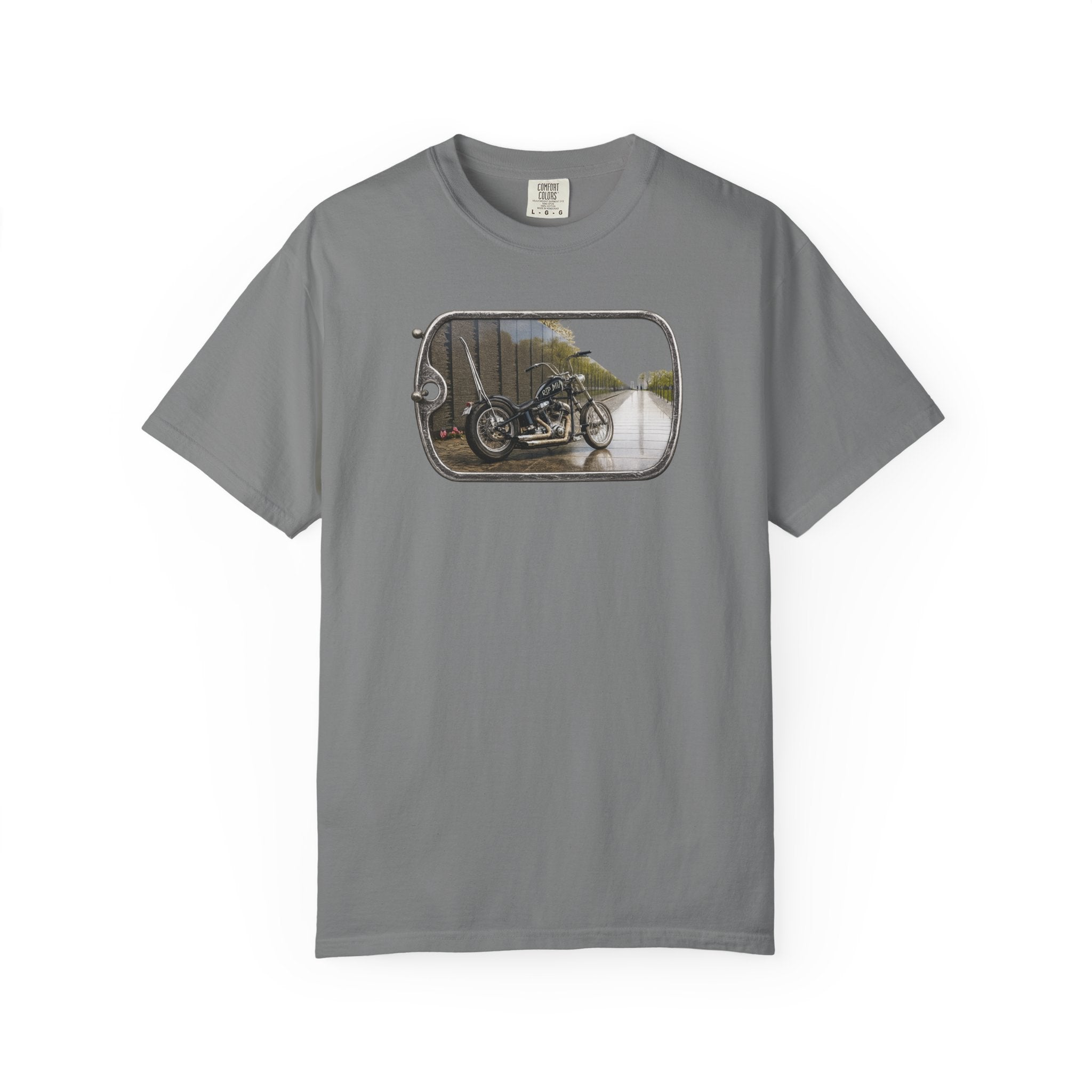 Vintage Motorcycle Dog Tag T-Shirt — Retro Chopper Scenic Print