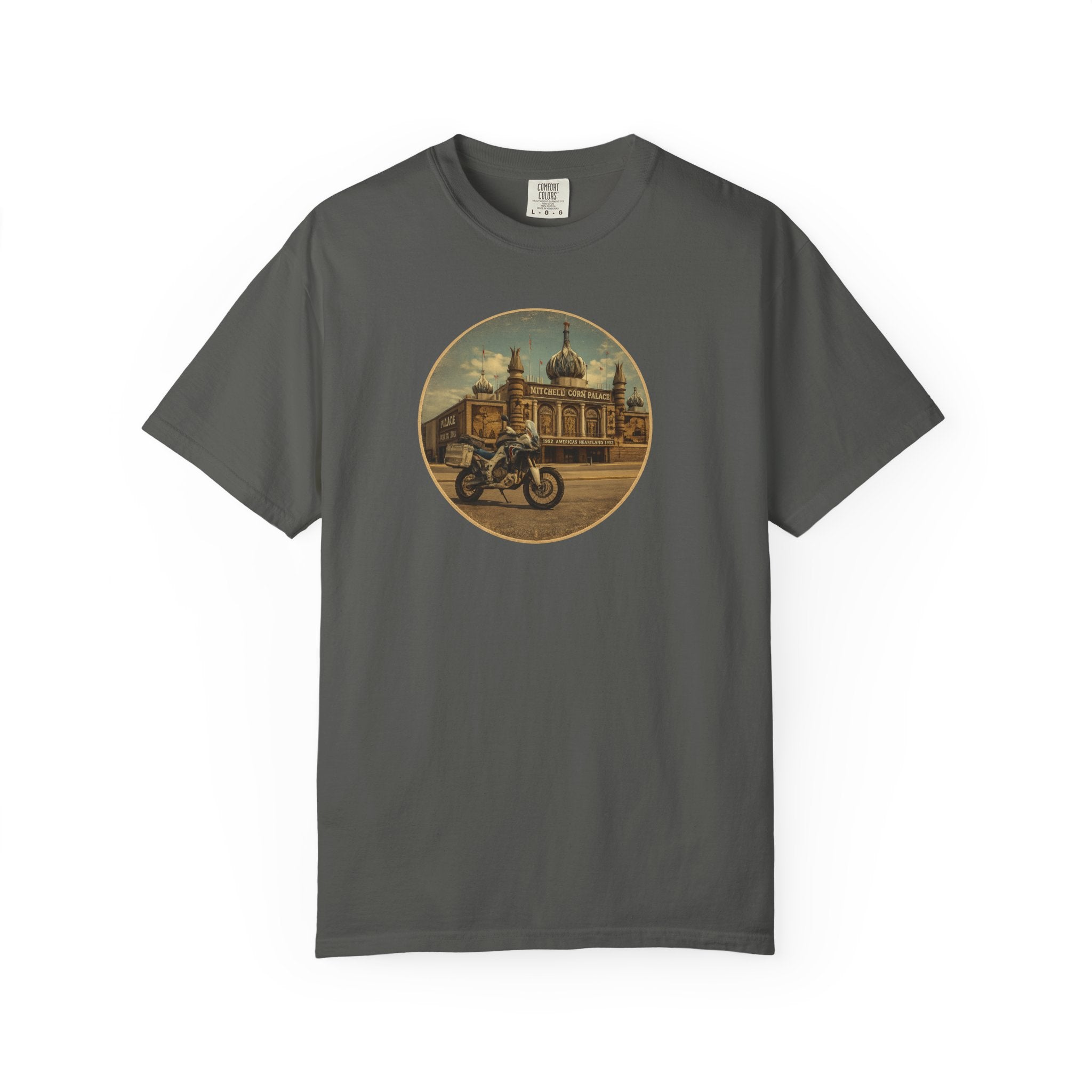 Vintage Motorcycle T-Shirt — Rider in Front of Historic Cathedral