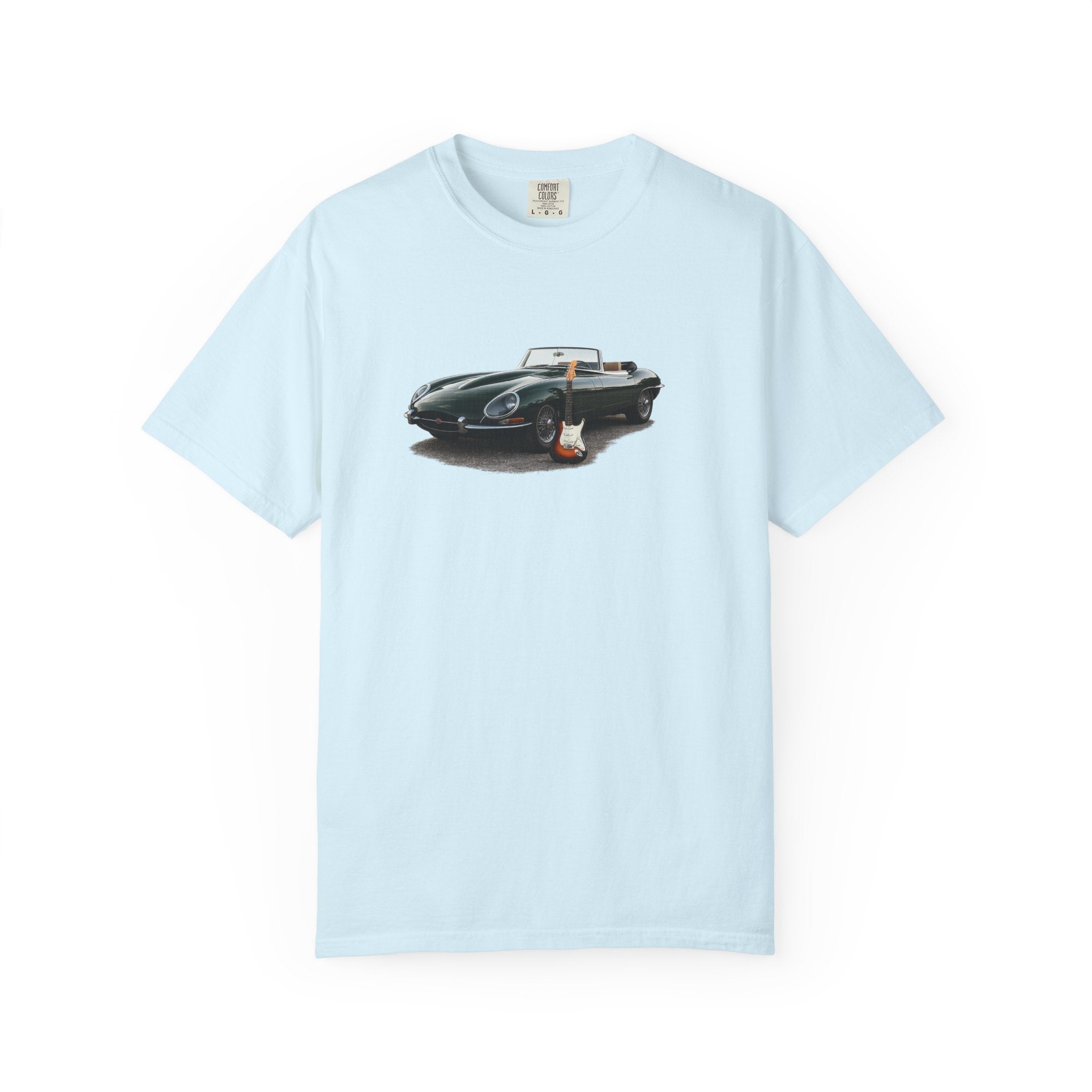 Classic Sports Car Tee — Vintage Jaguar with Guitar Graphic