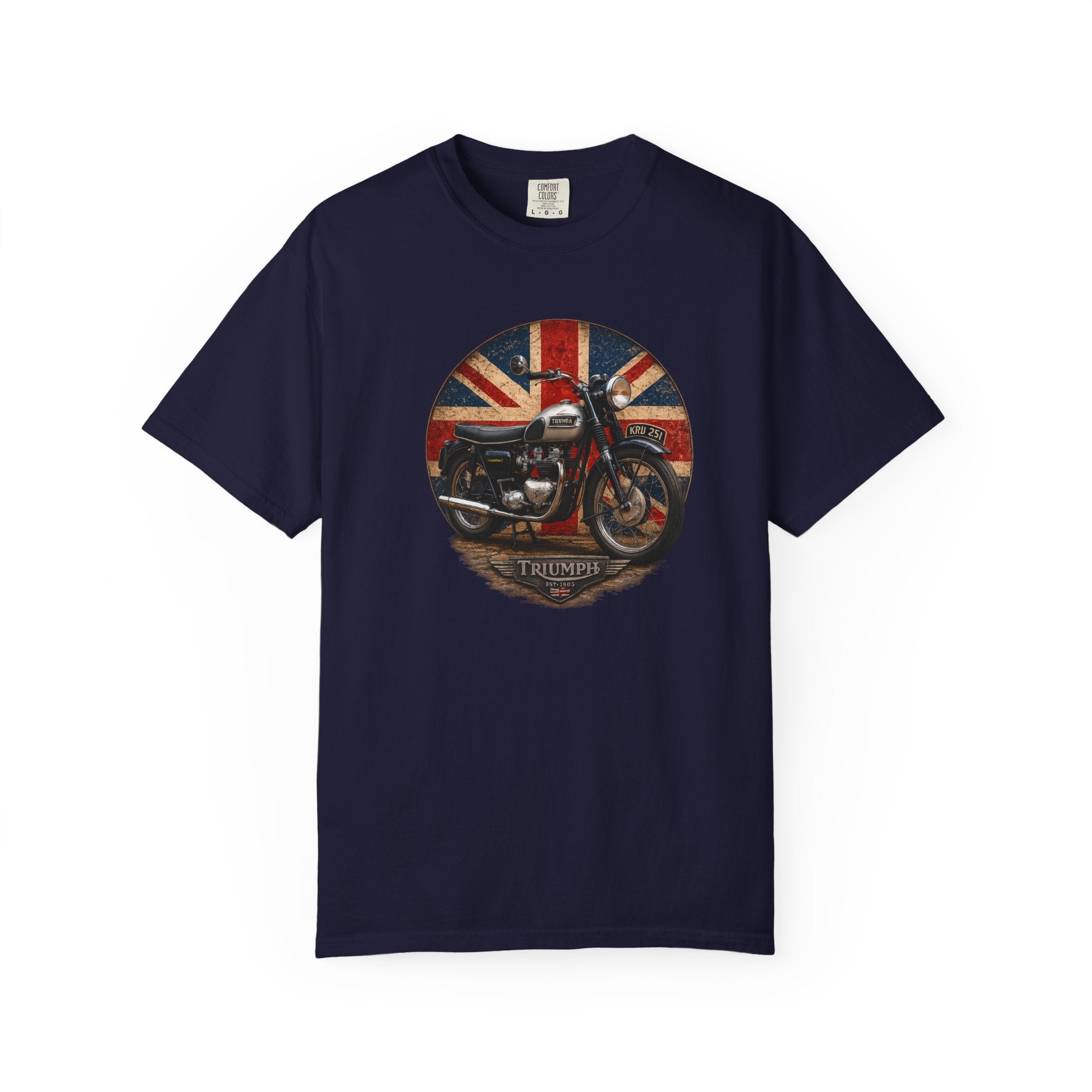 Classic Triumph Motorcycle T-Shirt — Vintage British Flag Ride Tee