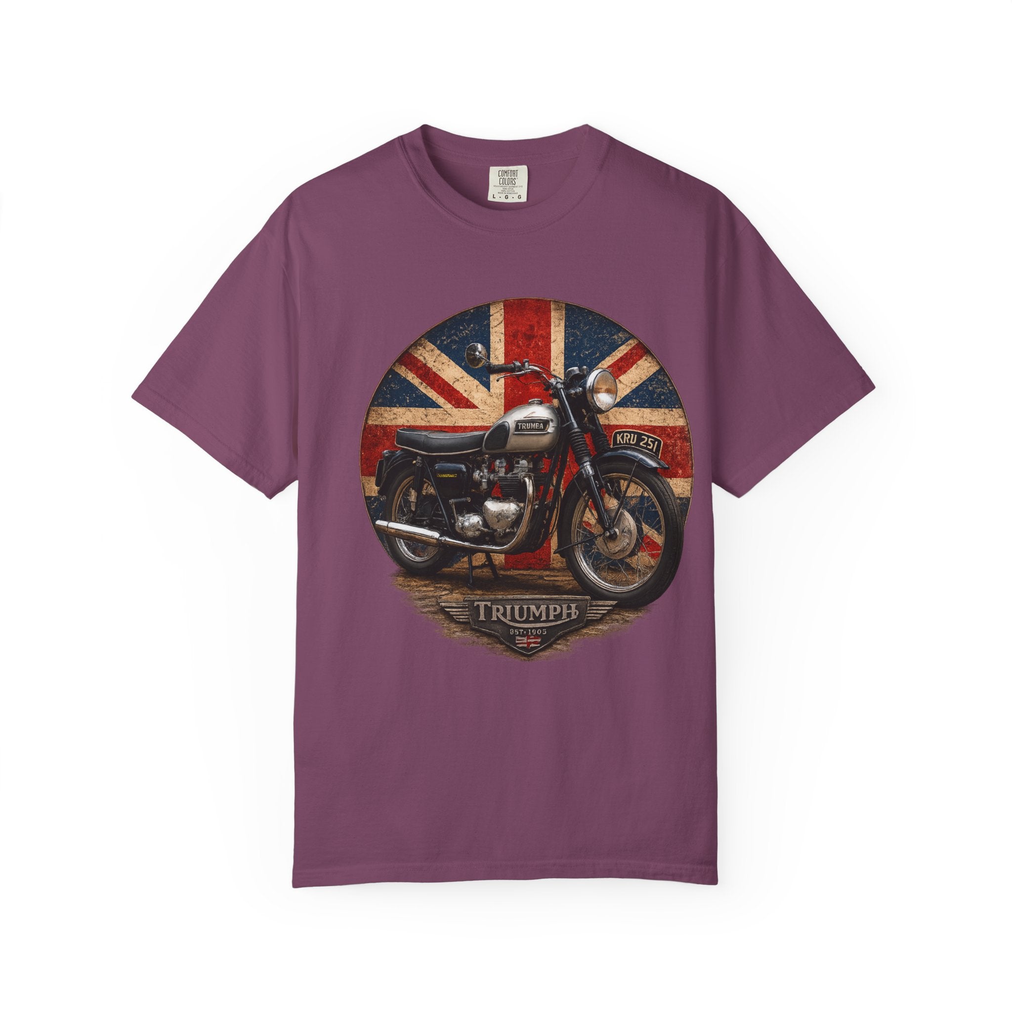 Classic Triumph Motorcycle T-Shirt — Vintage British Flag Ride Tee