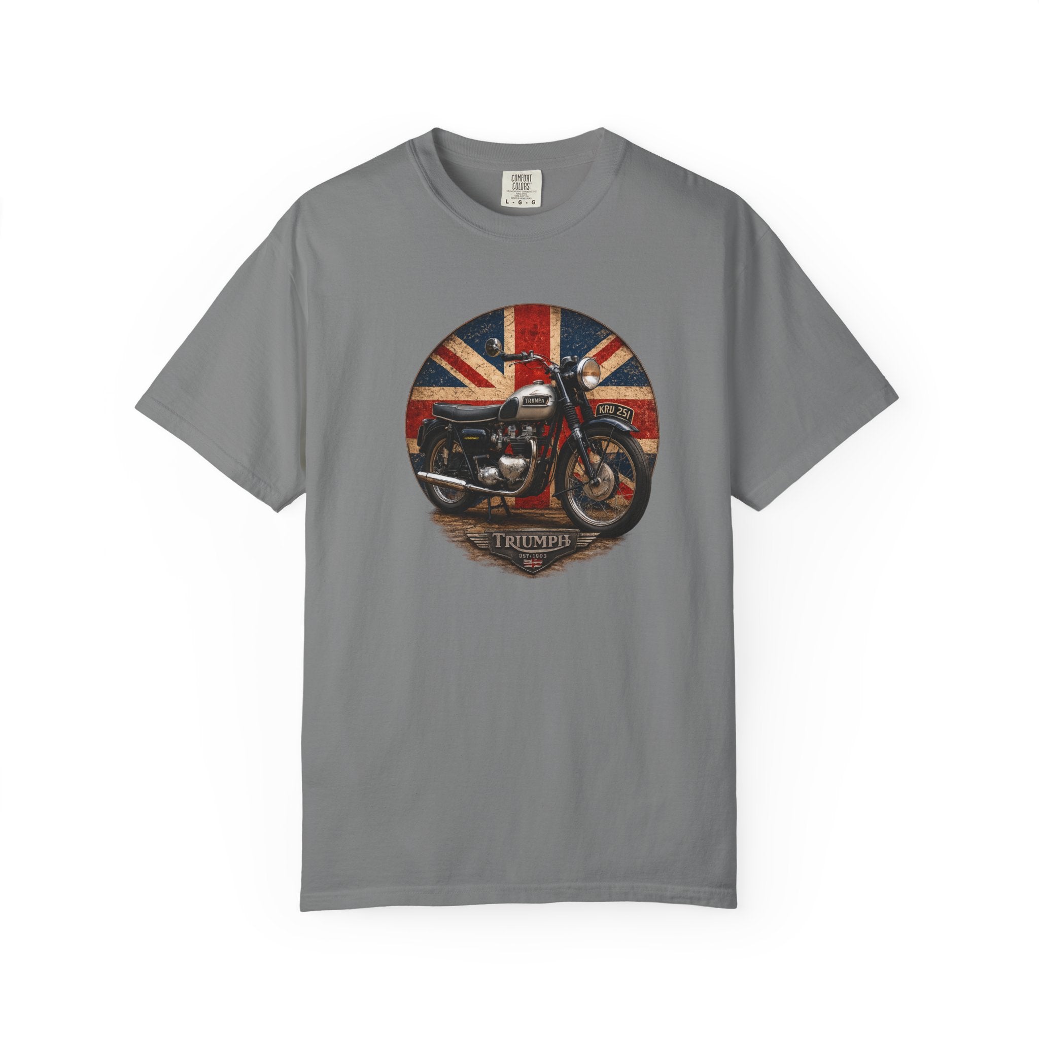 Classic Triumph Motorcycle T-Shirt — Vintage British Flag Ride Tee