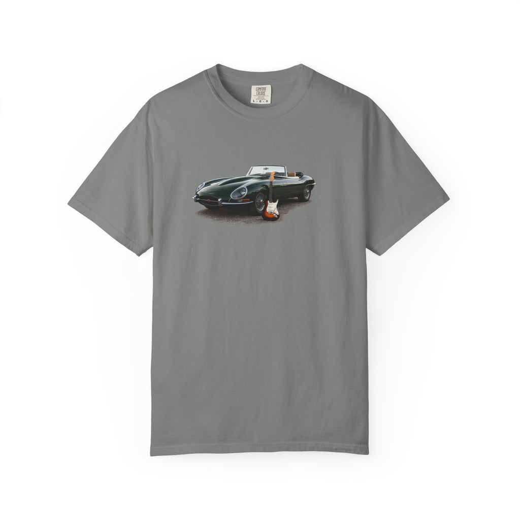 Classic Sports Car Tee — Vintage Jaguar with Guitar Graphic