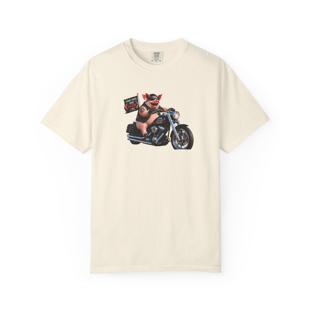 Biker Pig Motorcycle T-Shirt — "Live to Eat, Love to Ride" Retro Graphic Tee