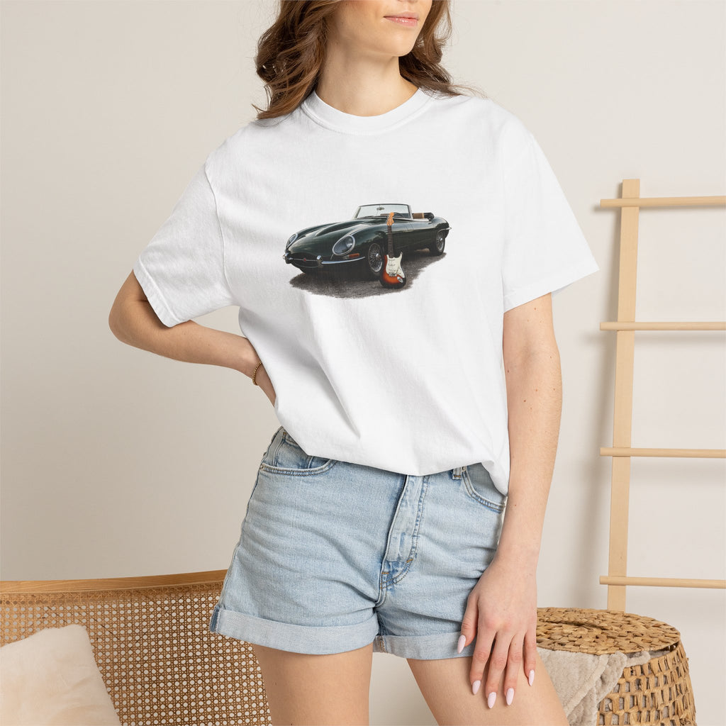 Classic Sports Car Tee — Vintage Jaguar with Guitar Graphic