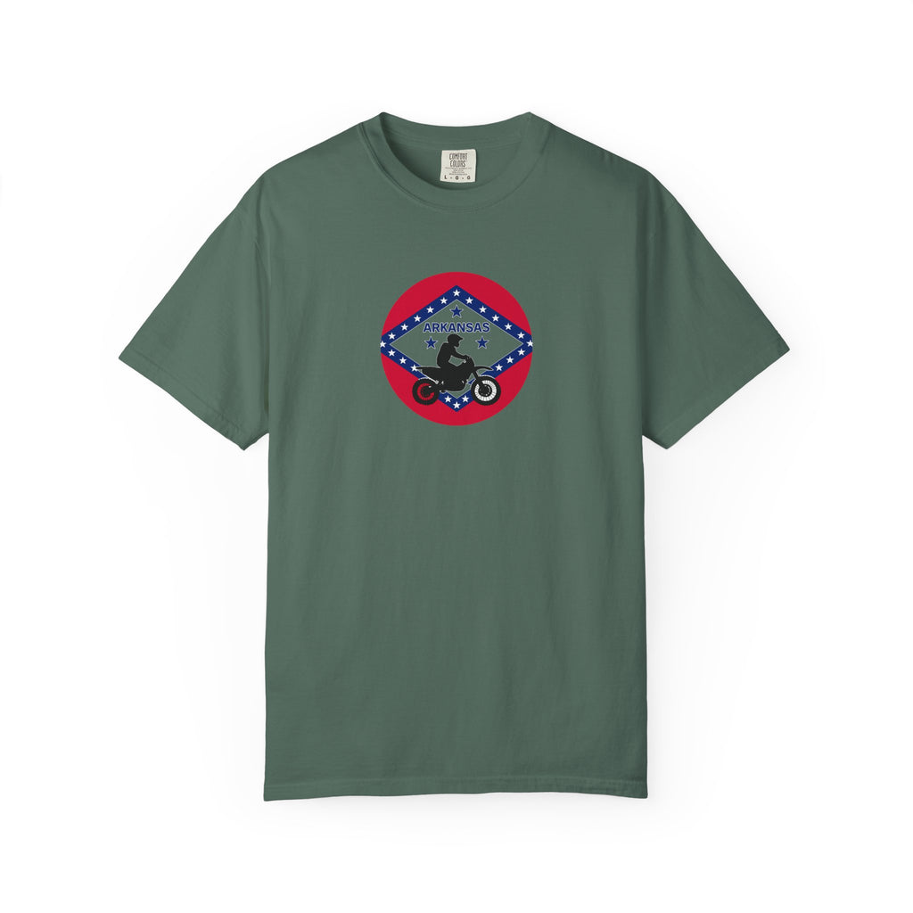 Copy of Arkansas Motorcycle Rider Graphic T-Shirt — State Flag Circle Design