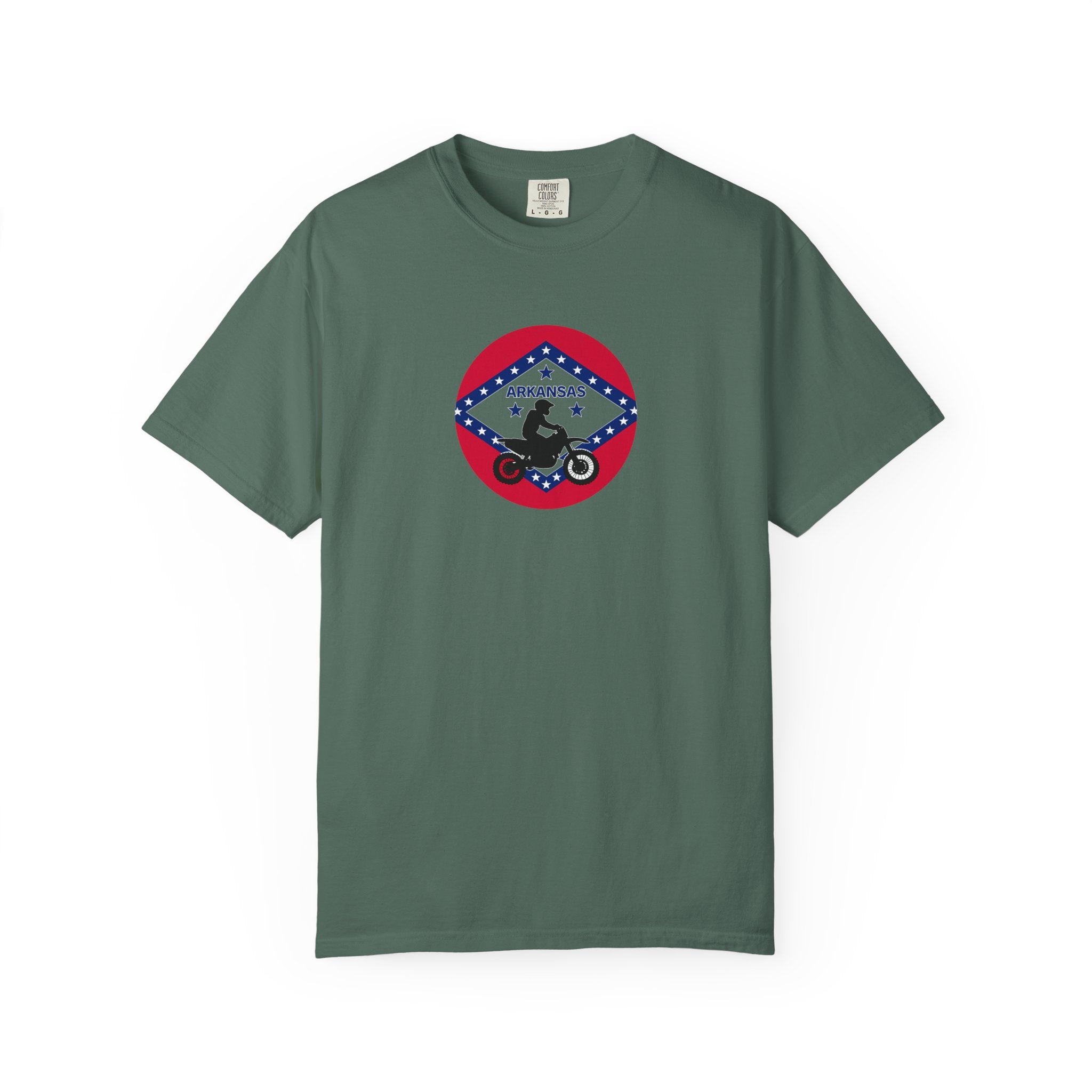 Copy of Arkansas Motorcycle Rider Graphic T-Shirt — State Flag Circle Design