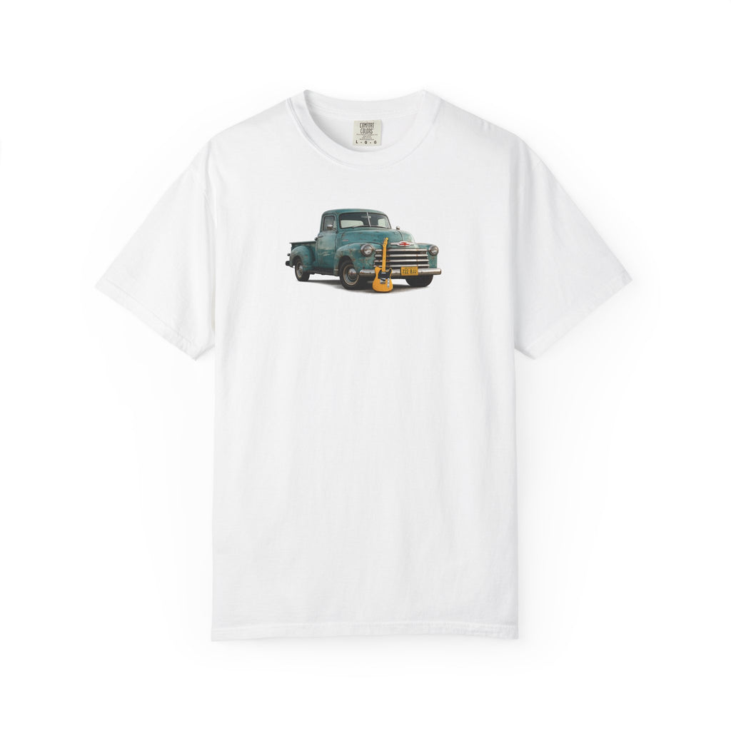 Vintage Pickup Truck & Guitar T-Shirt — Retro Americana Tee for Musicians & Classic Car Fans