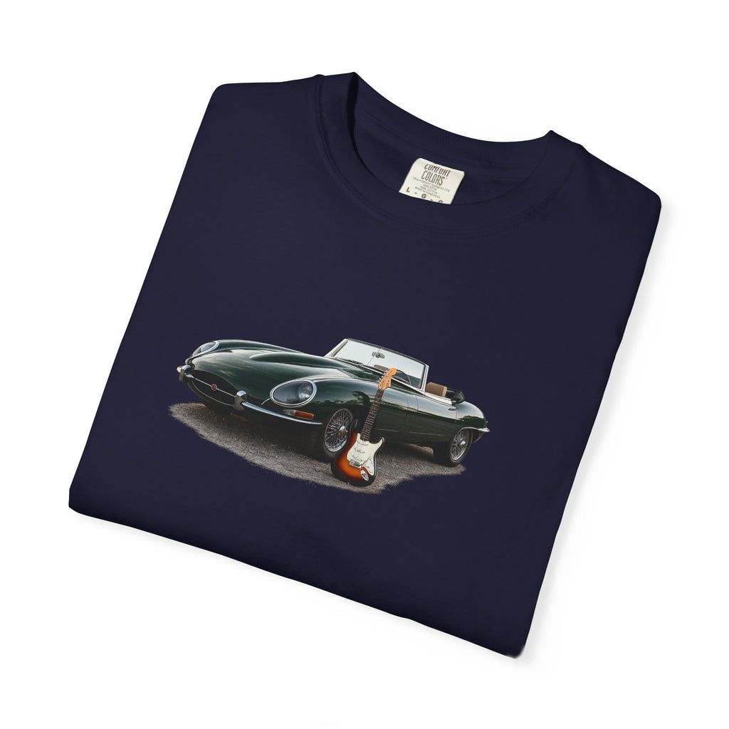 Classic Sports Car Tee — Vintage Jaguar with Guitar Graphic