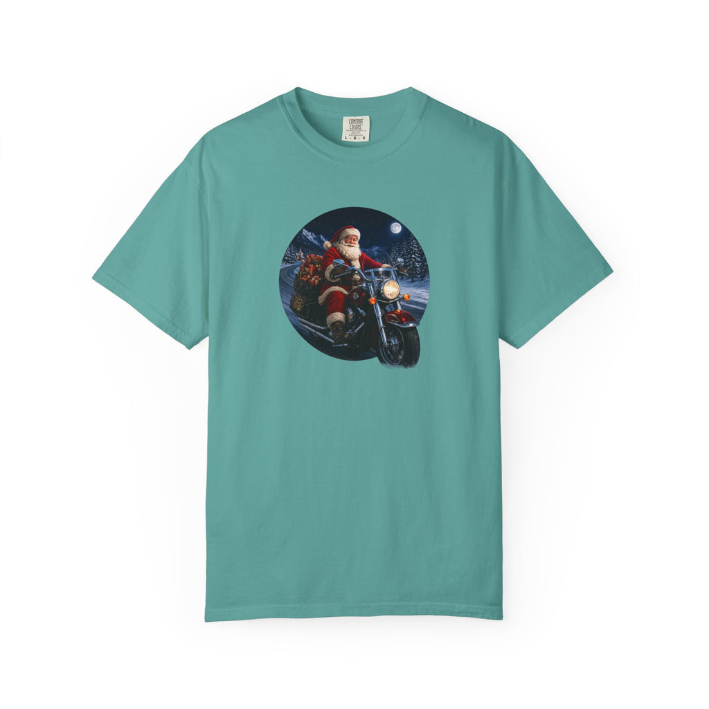 Santa on Motorcycle T-Shirt — Christmas Biker Holiday Tee