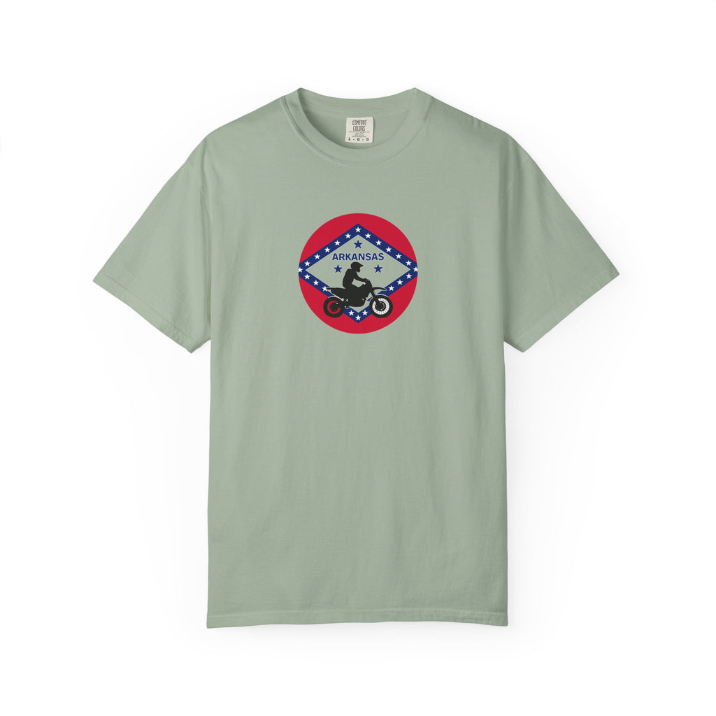 Copy of Arkansas Motorcycle Rider Graphic T-Shirt — State Flag Circle Design