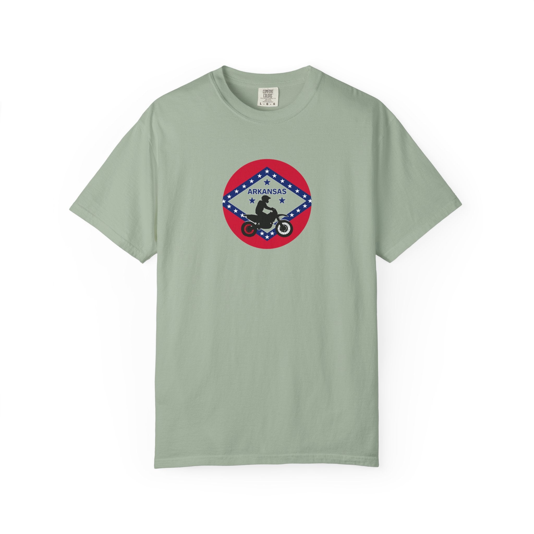 Copy of Arkansas Motorcycle Rider Graphic T-Shirt — State Flag Circle Design