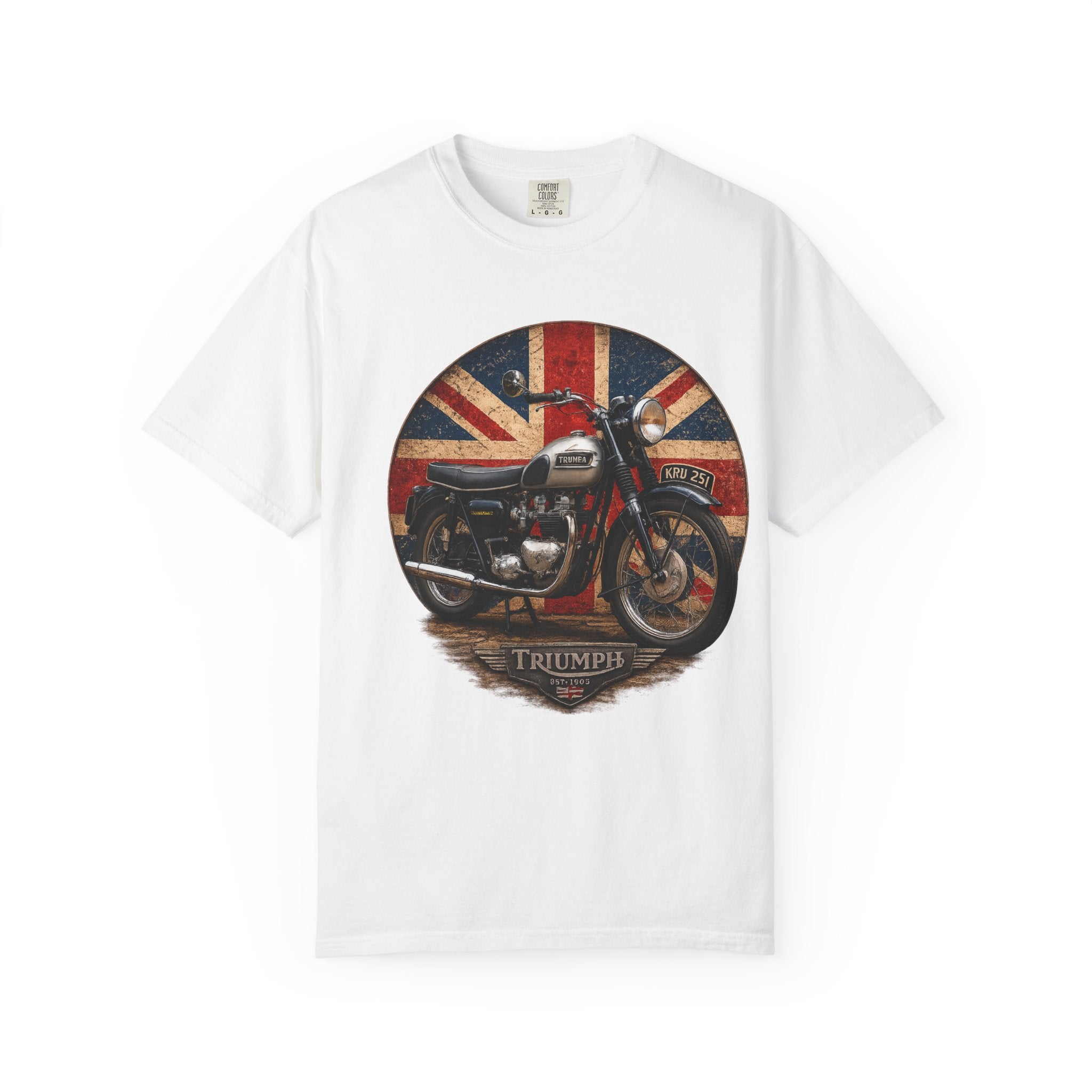Classic Triumph Motorcycle T-Shirt — Vintage British Flag Ride Tee