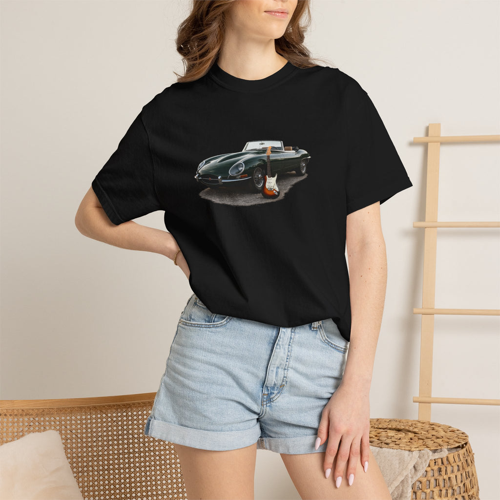 Classic Sports Car Tee — Vintage Jaguar with Guitar Graphic