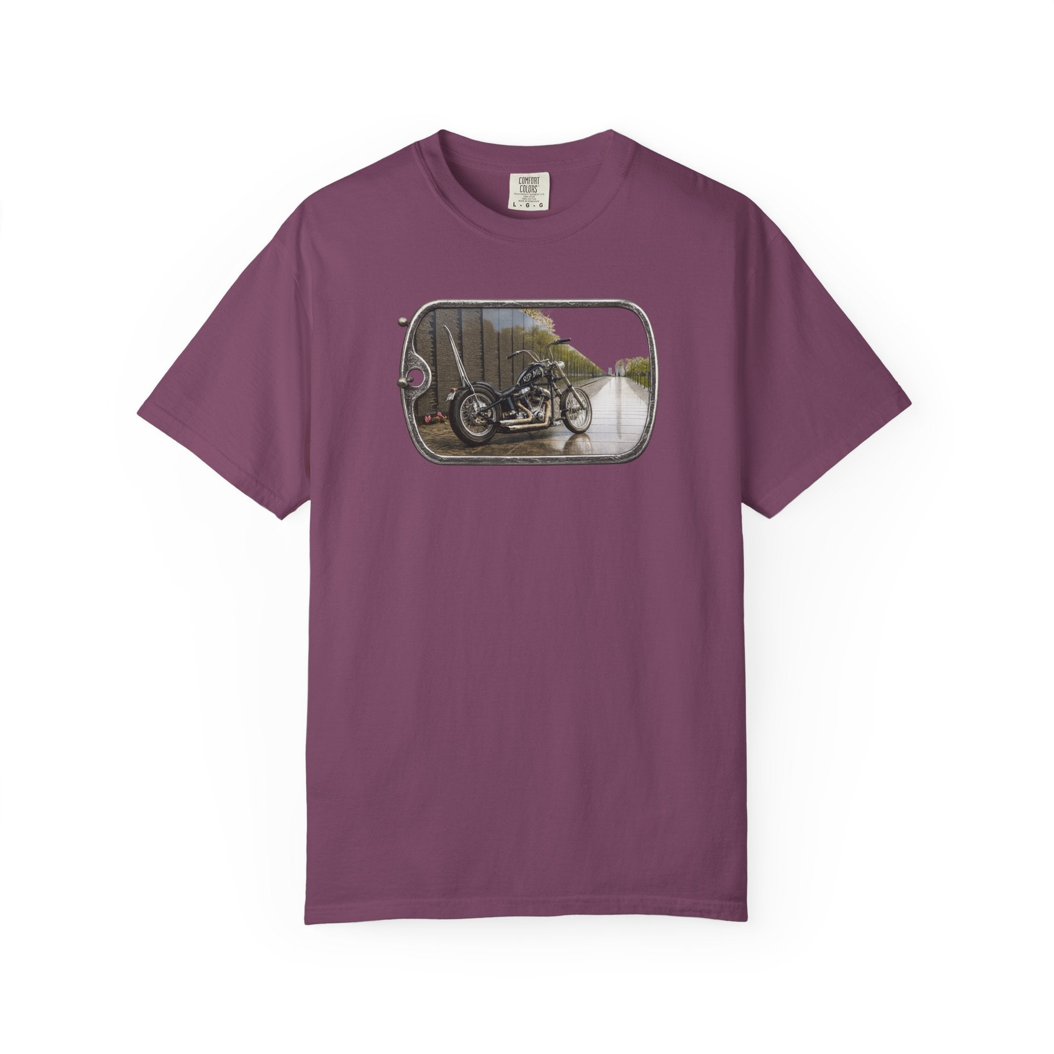 Vintage Motorcycle Dog Tag T-Shirt — Retro Chopper Scenic Print