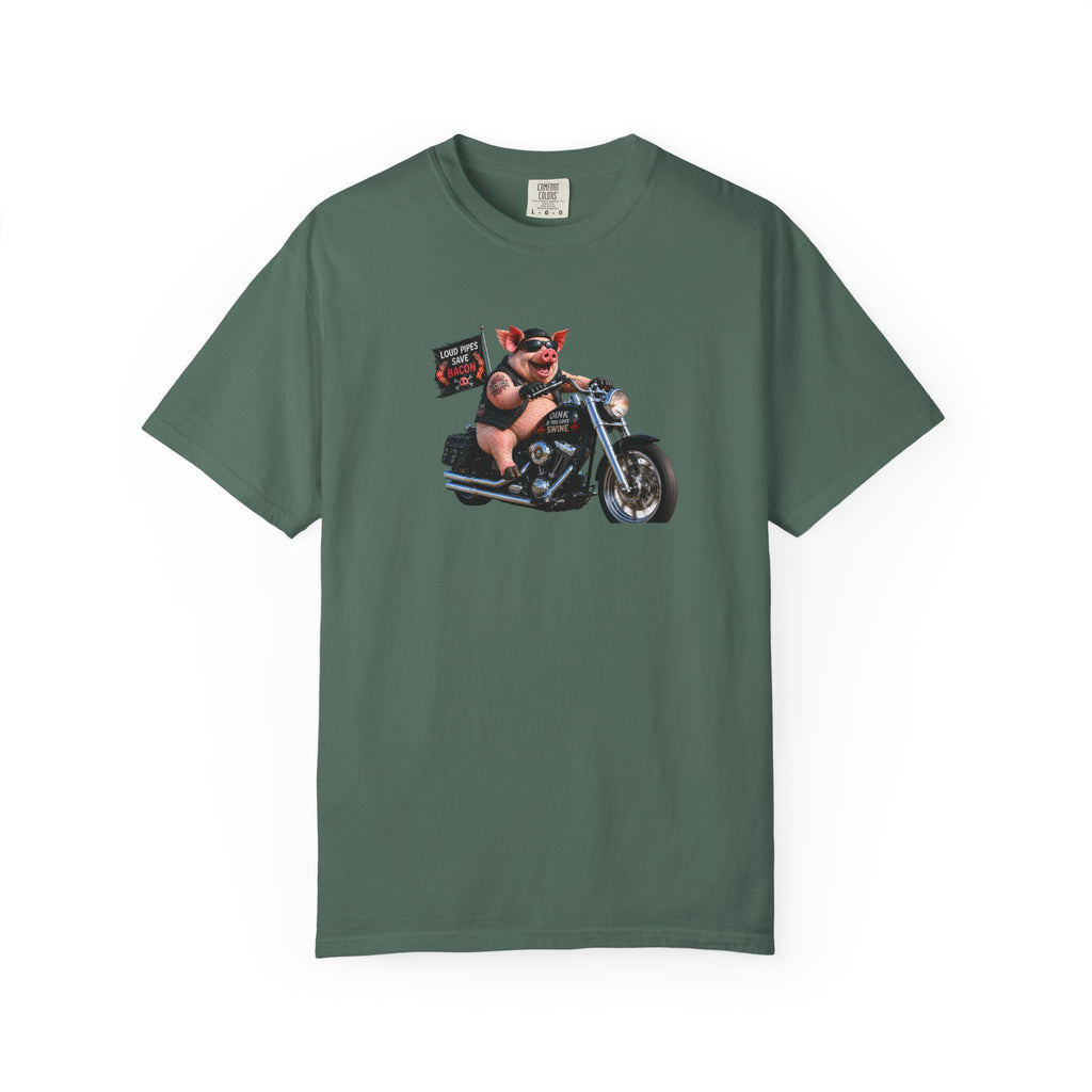 Biker Pig Motorcycle T-Shirt — "Live to Eat, Love to Ride" Retro Graphic Tee