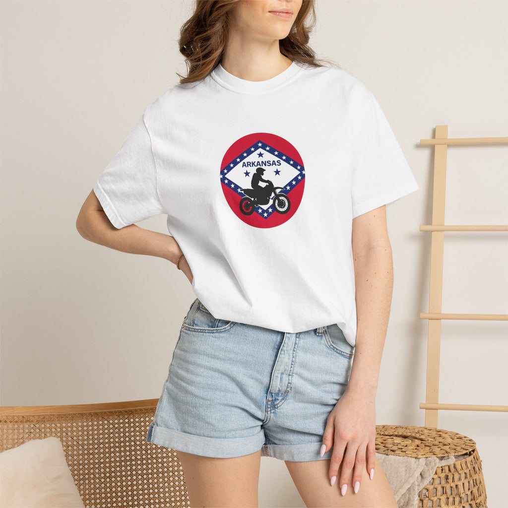 Arkansas Motorcycle Rider Graphic T-Shirt — State Flag Circle Design