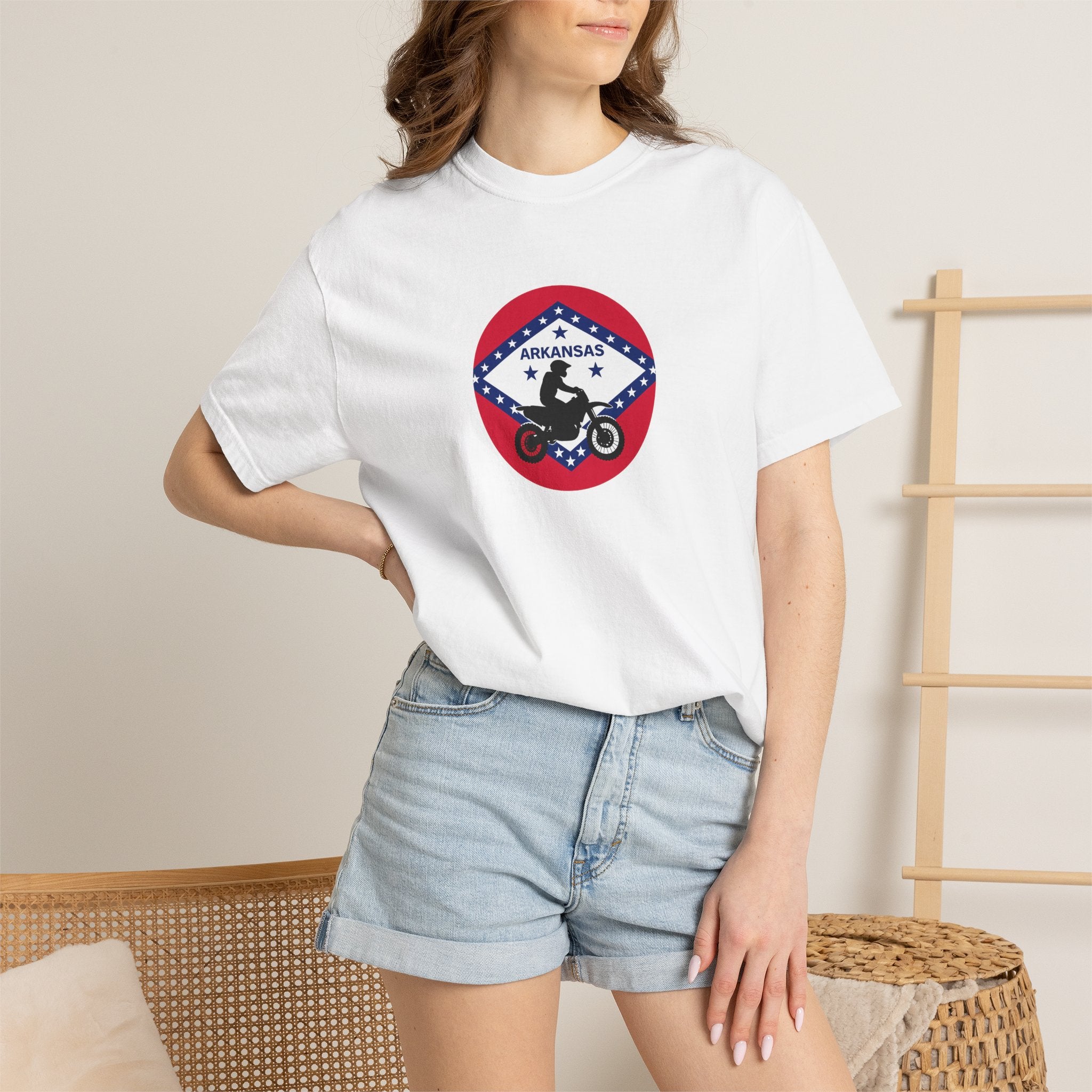 Arkansas Motorcycle Rider Graphic T-Shirt — State Flag Circle Design