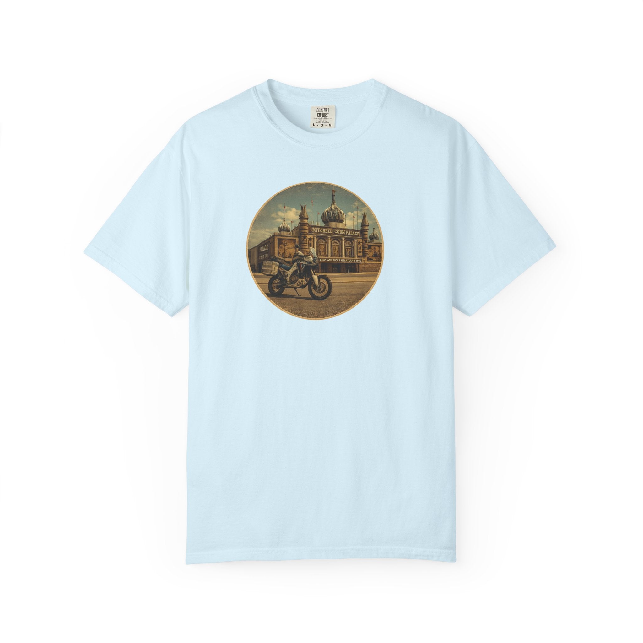 Vintage Motorcycle T-Shirt — Rider in Front of Historic Cathedral