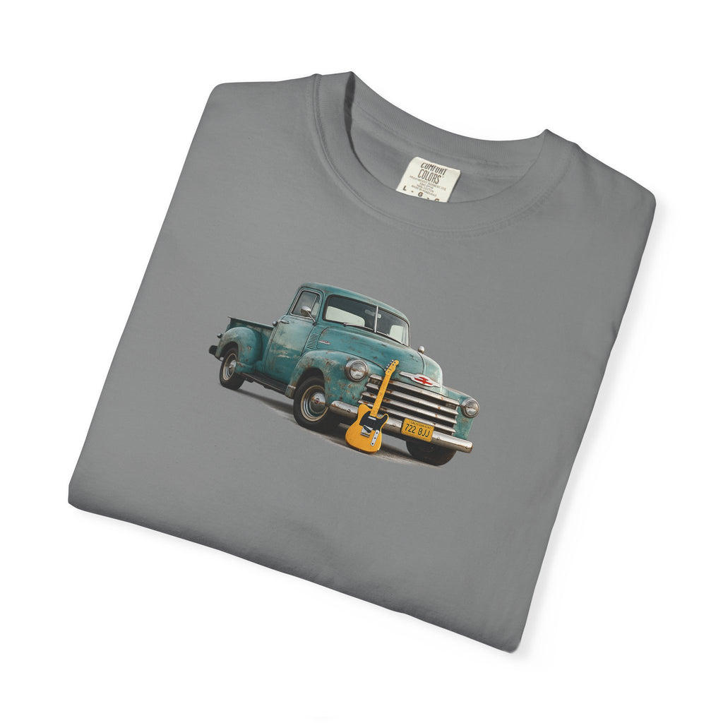 Vintage Pickup Truck & Guitar T-Shirt — Retro Americana Tee for Musicians & Classic Car Fans