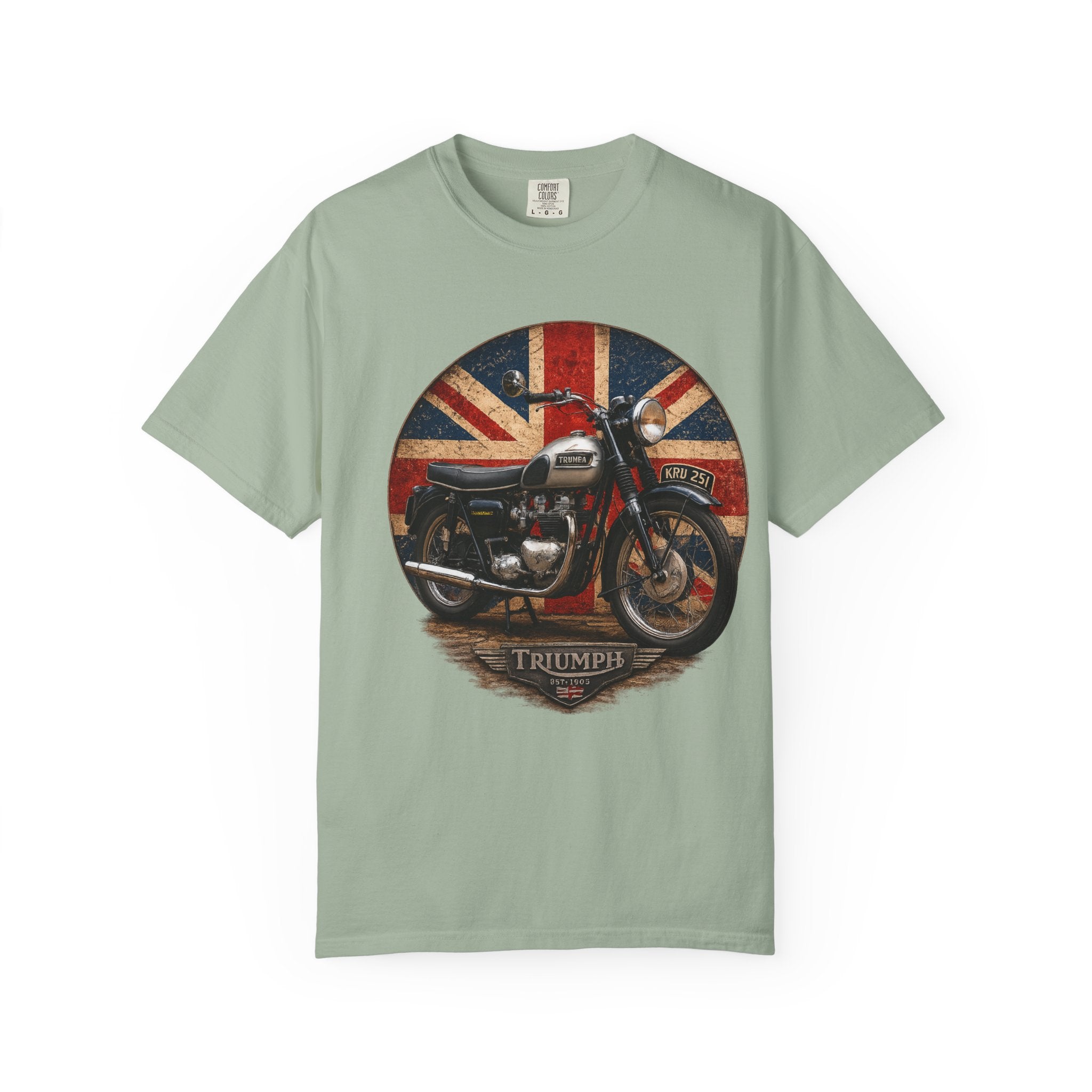 Classic Triumph Motorcycle T-Shirt — Vintage British Flag Ride Tee