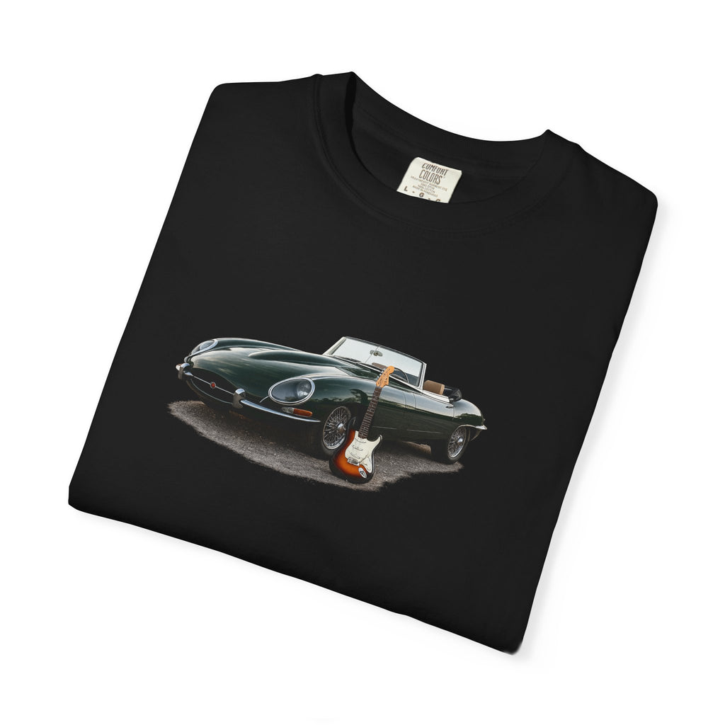 Classic Sports Car Tee — Vintage Jaguar with Guitar Graphic