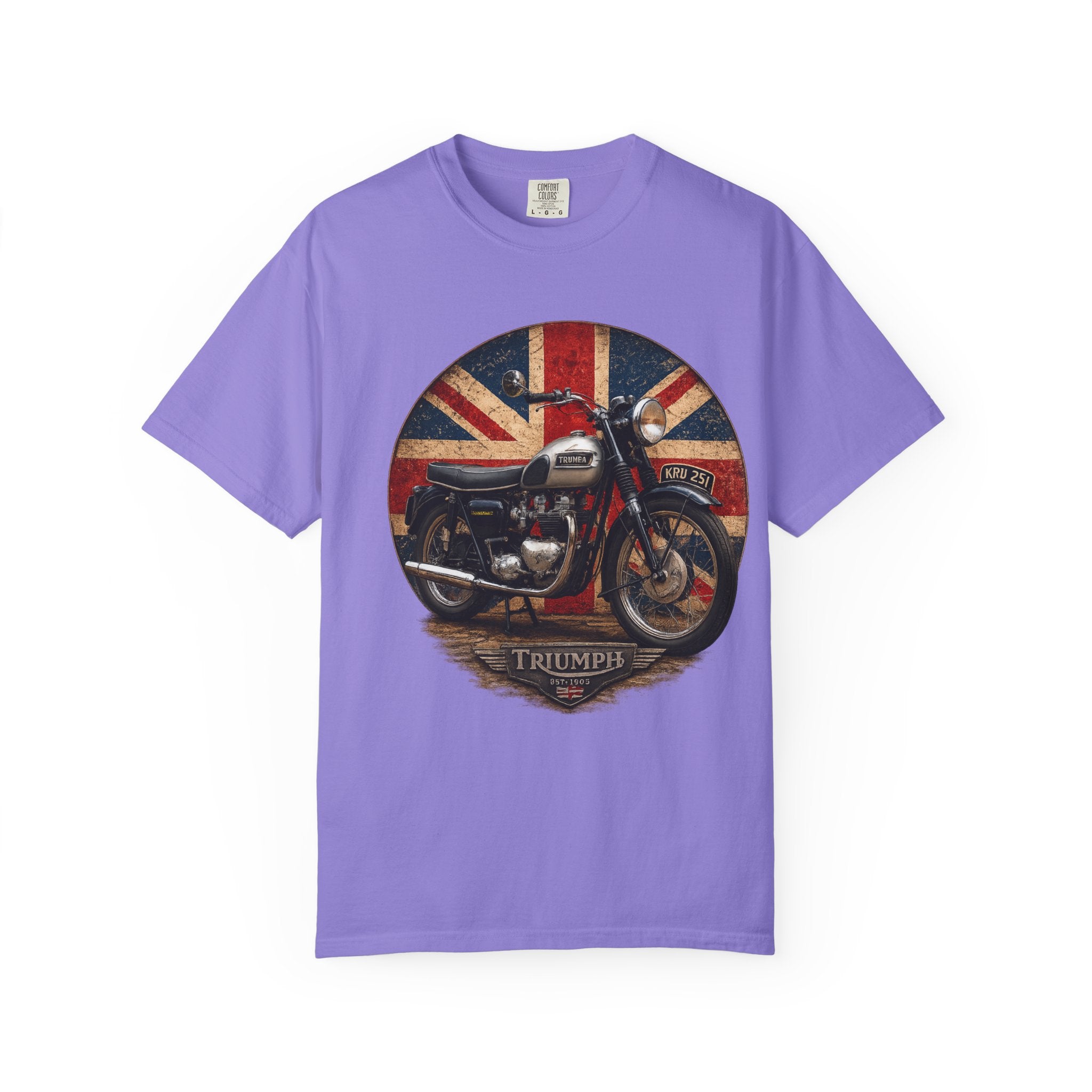 Classic Triumph Motorcycle T-Shirt — Vintage British Flag Ride Tee