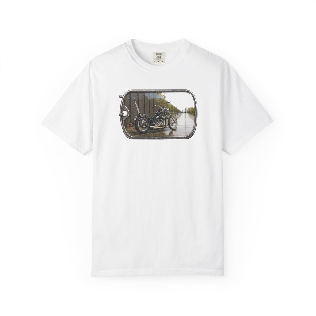 Vintage Motorcycle Dog Tag T-Shirt — Retro Chopper Scenic Print