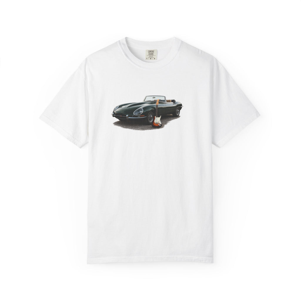 Classic Sports Car Tee — Vintage Jaguar with Guitar Graphic