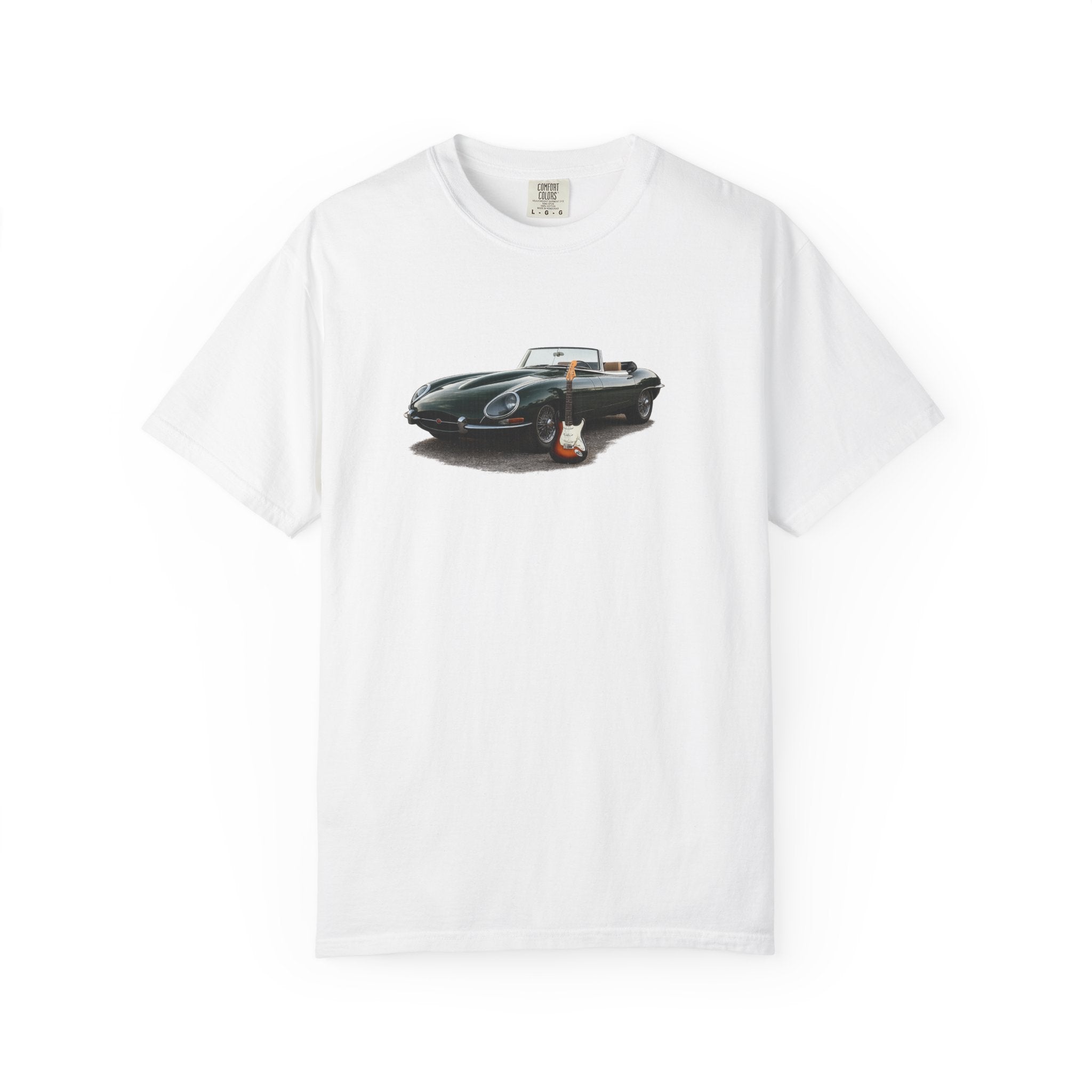 Classic Sports Car Tee — Vintage Jaguar with Guitar Graphic