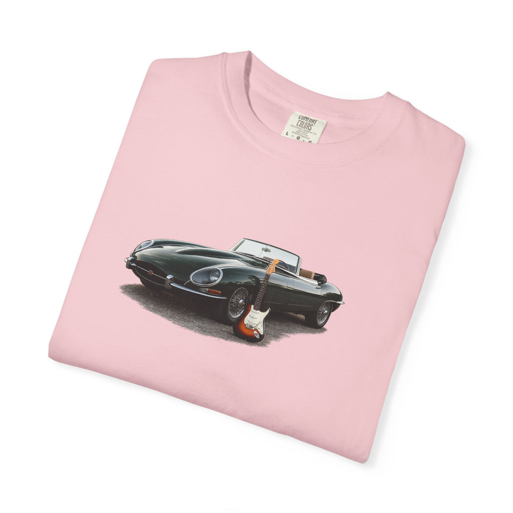 Classic Sports Car Tee — Vintage Jaguar with Guitar Graphic