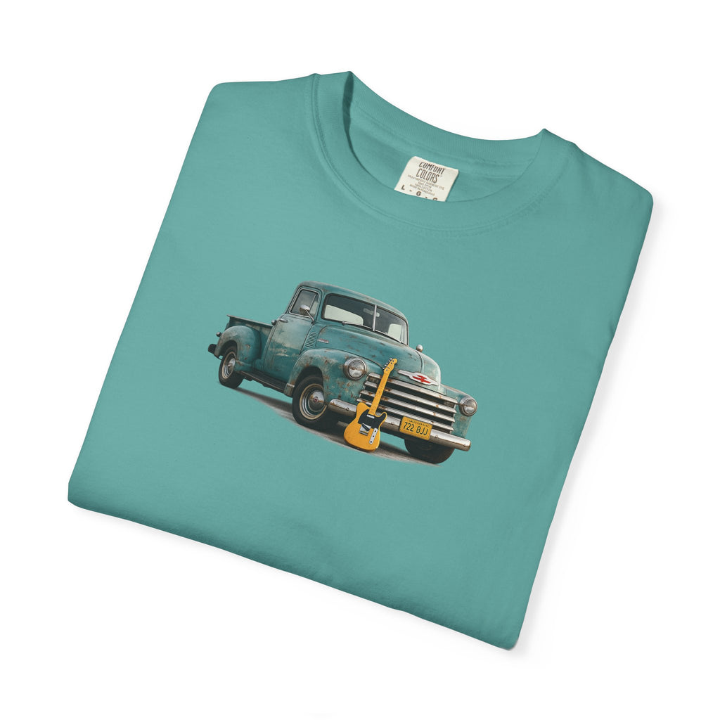 Vintage Pickup Truck & Guitar T-Shirt — Retro Americana Tee for Musicians & Classic Car Fans