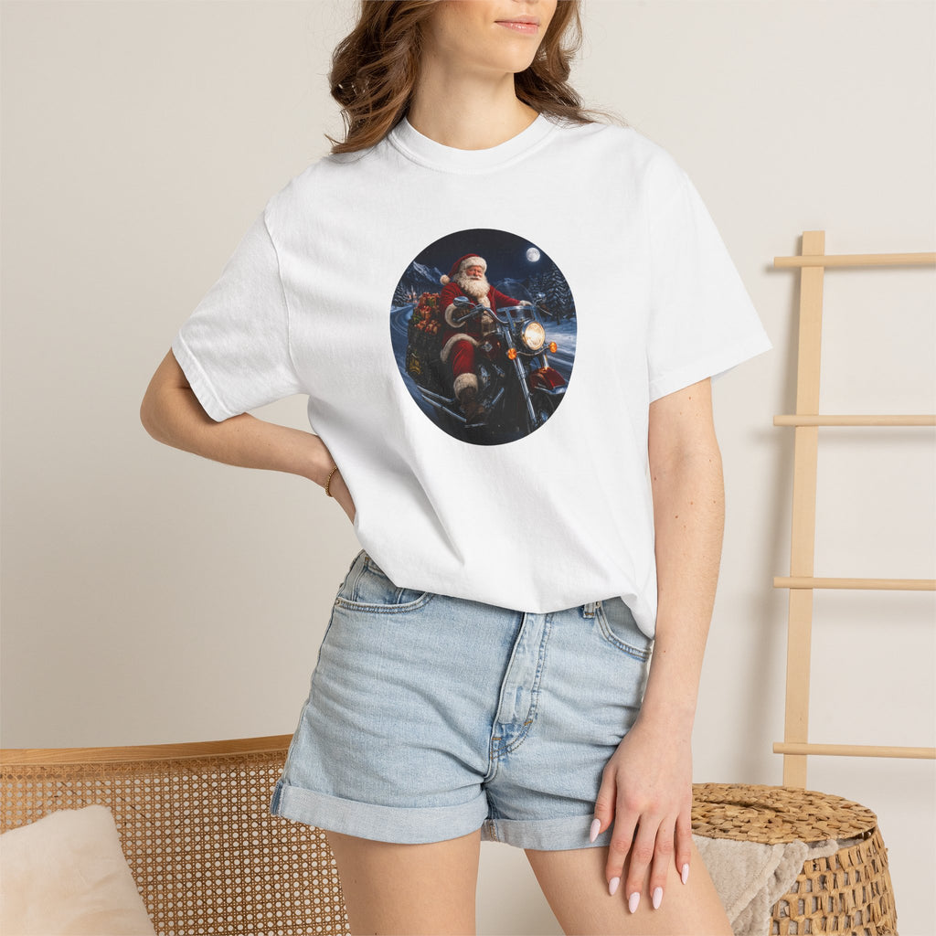 Santa on Motorcycle T-Shirt — Christmas Biker Holiday Tee