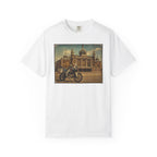 Vintage Motorcycle T-Shirt — Rider in Front of Historic Cathedral