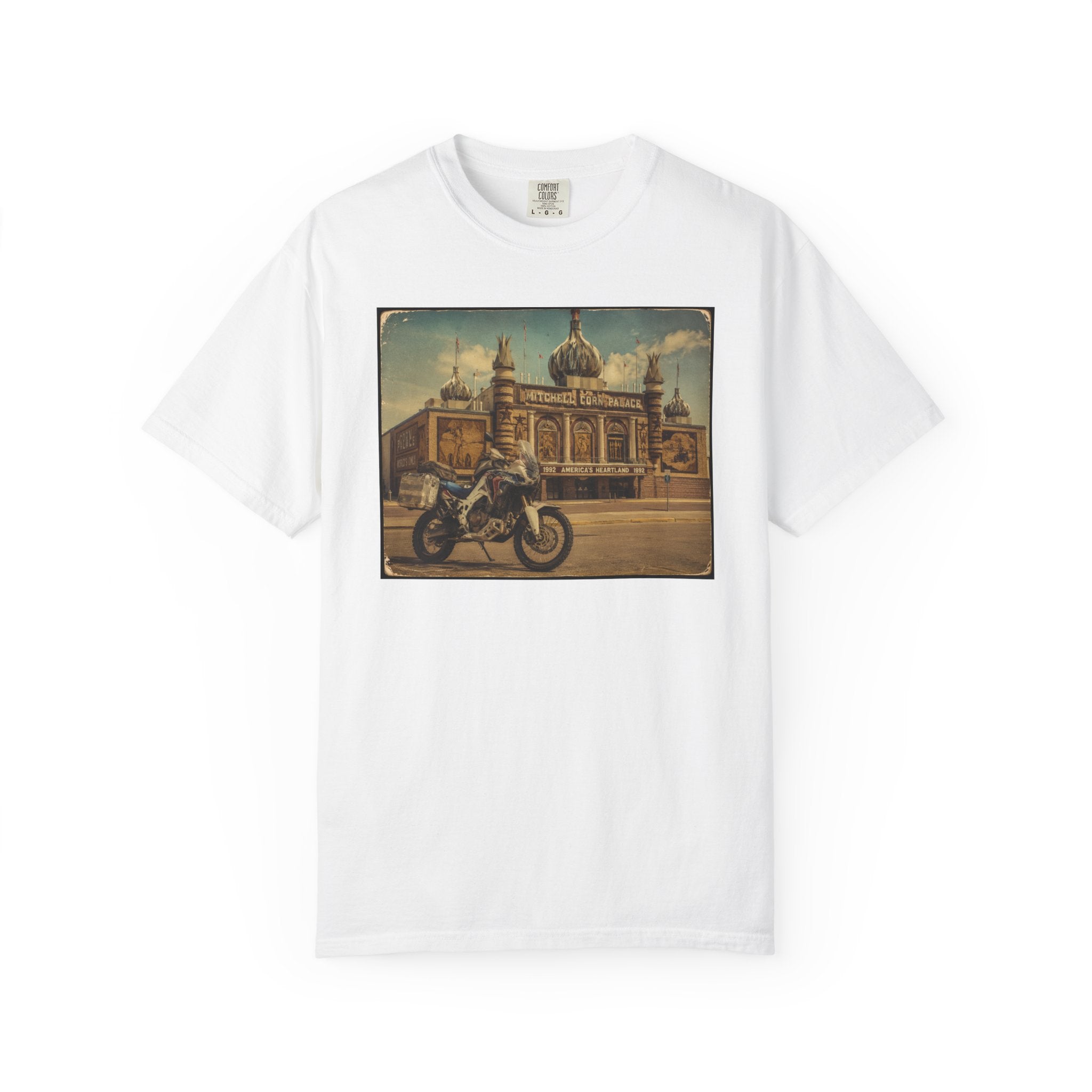 Vintage Motorcycle T-Shirt — Rider in Front of Historic Cathedral