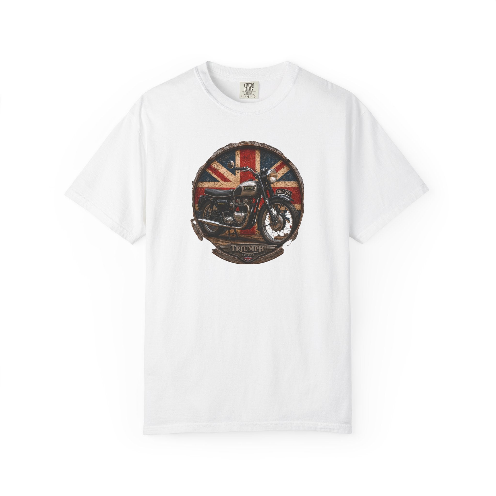 Classic Triumph Motorcycle T-Shirt — Vintage British Flag Ride Tee