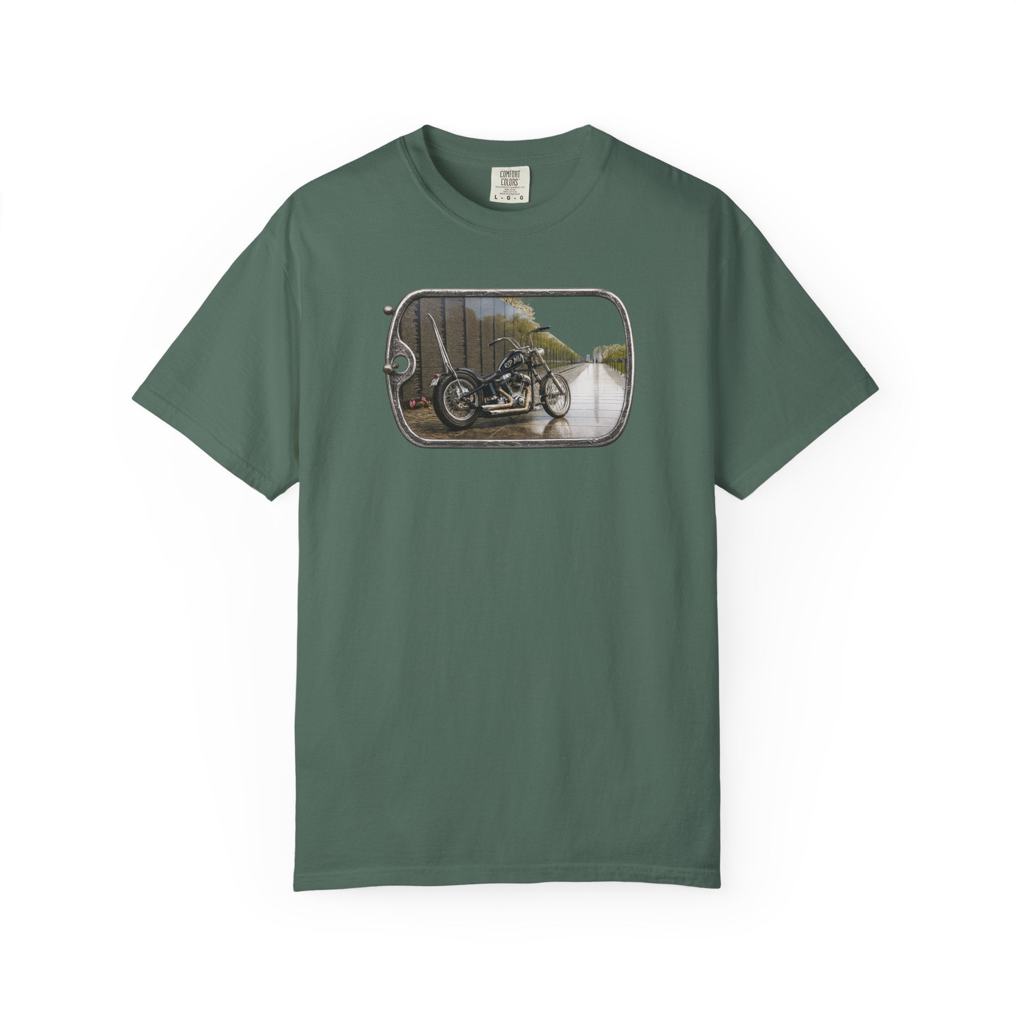 Vintage Motorcycle Dog Tag T-Shirt — Retro Chopper Scenic Print