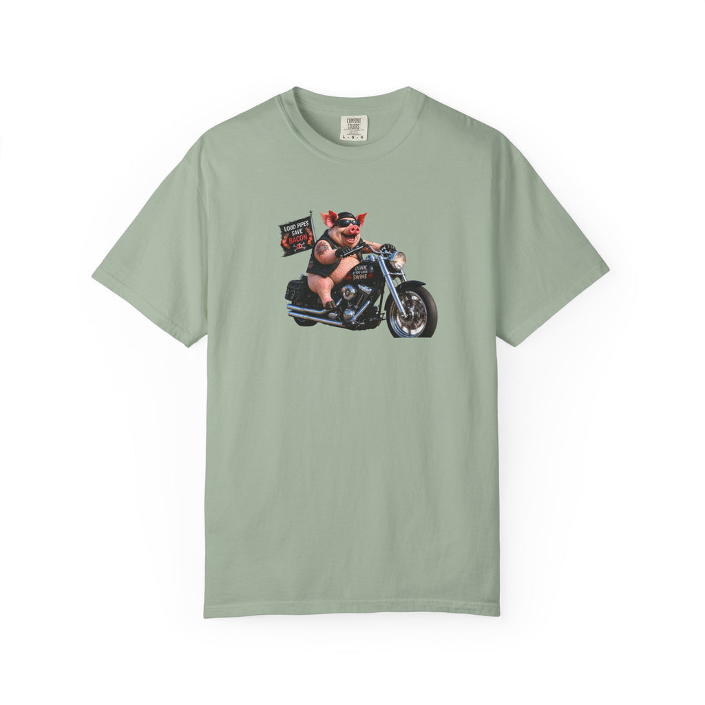 Biker Pig Motorcycle T-Shirt — "Live to Eat, Love to Ride" Retro Graphic Tee