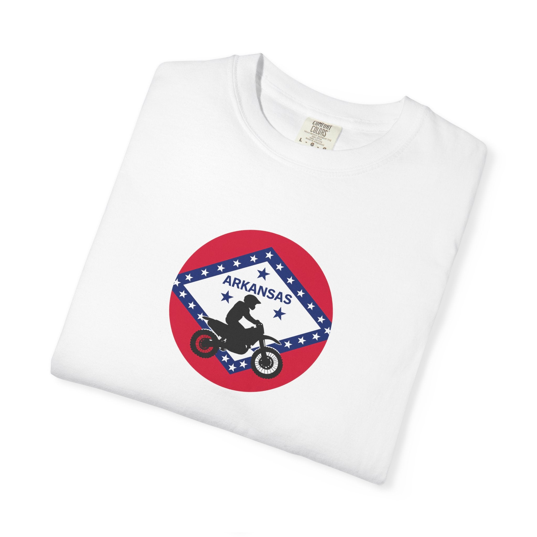 Arkansas Motorcycle Rider Graphic T-Shirt — State Flag Circle Design