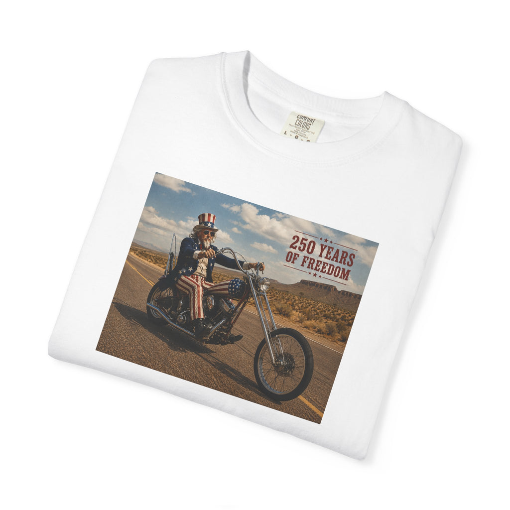 Vintage Biker Photo T-Shirt — "250 Years of Freedom" Graphic Tee