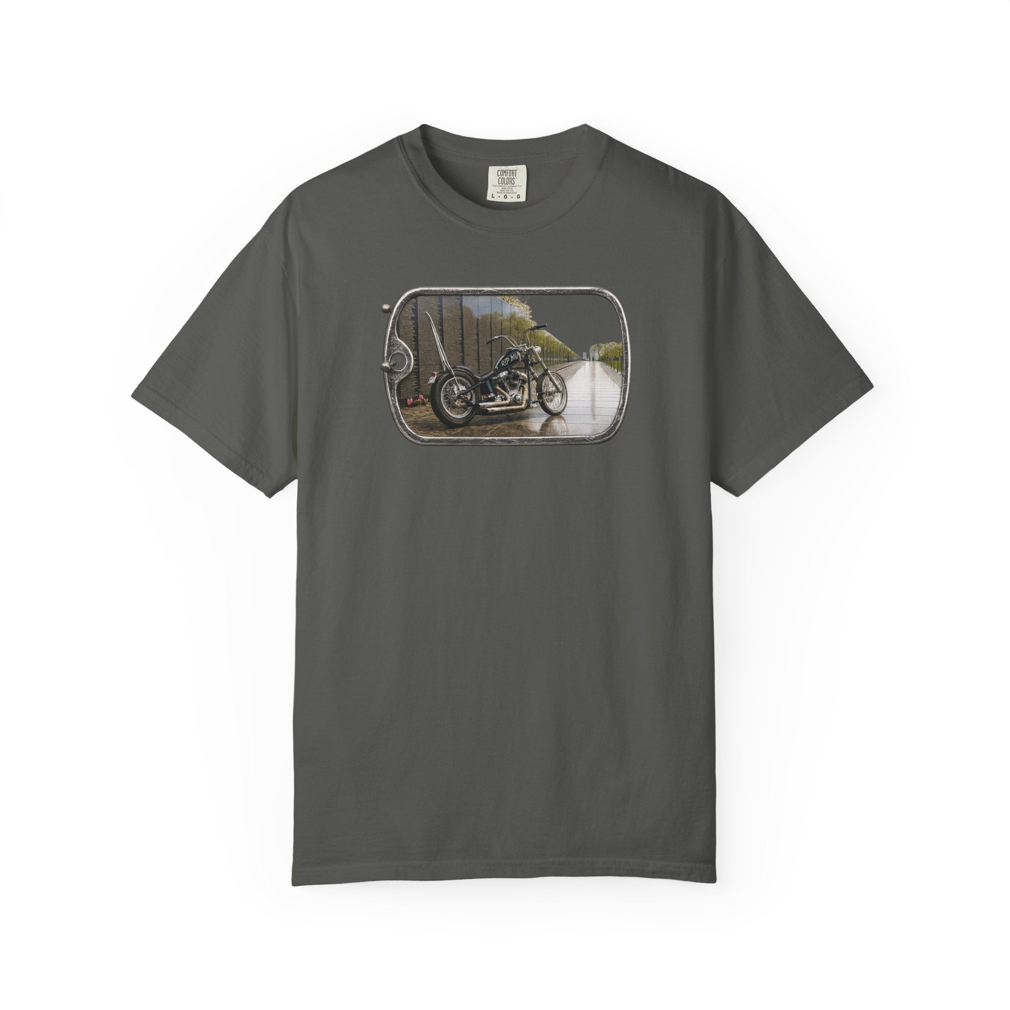 Vintage Motorcycle Dog Tag T-Shirt — Retro Chopper Scenic Print