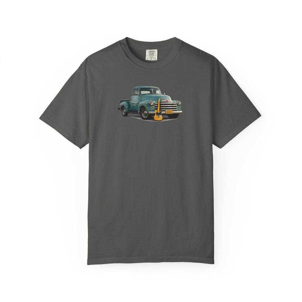 Vintage Pickup Truck & Guitar T-Shirt — Retro Americana Tee for Musicians & Classic Car Fans