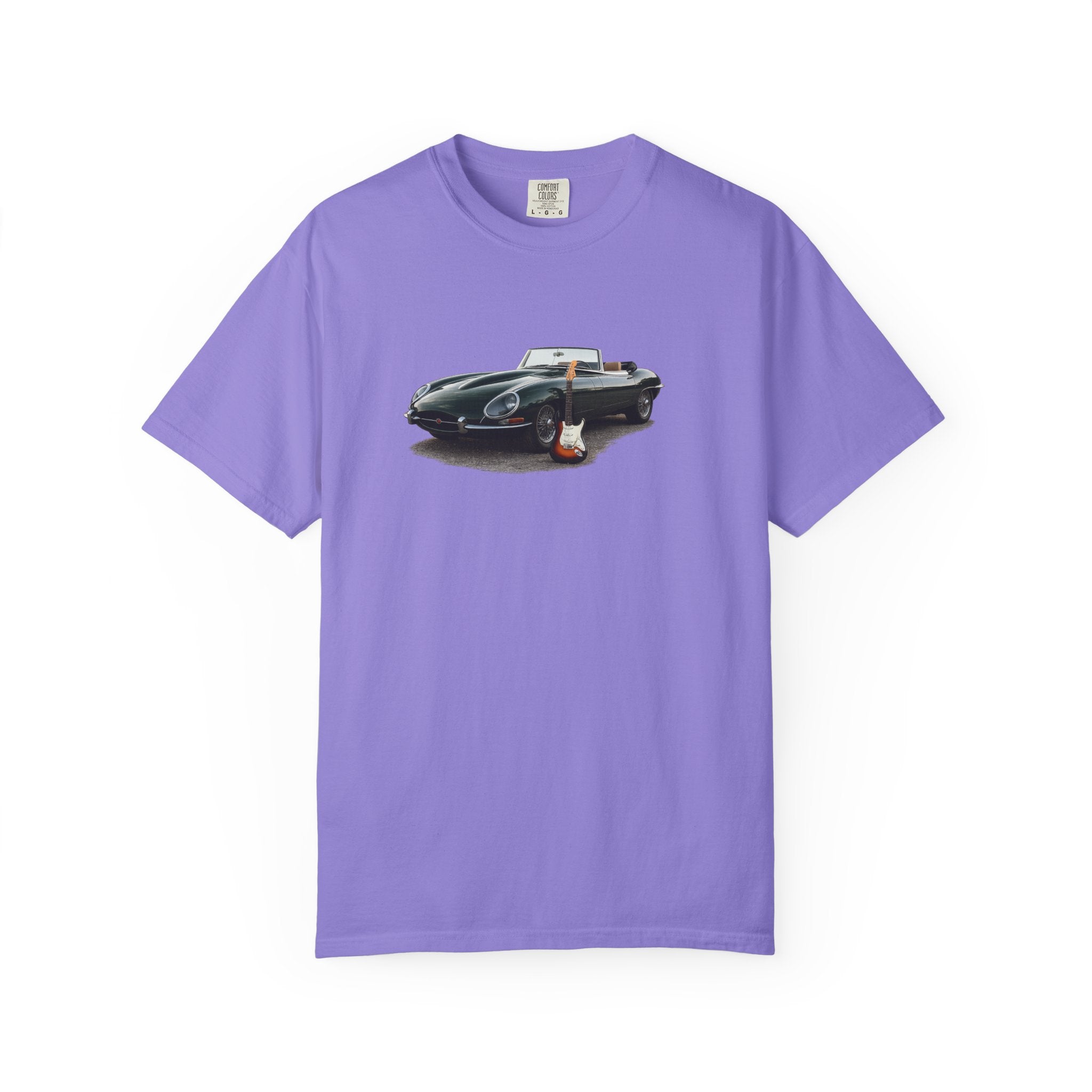 Classic Sports Car Tee — Vintage Jaguar with Guitar Graphic
