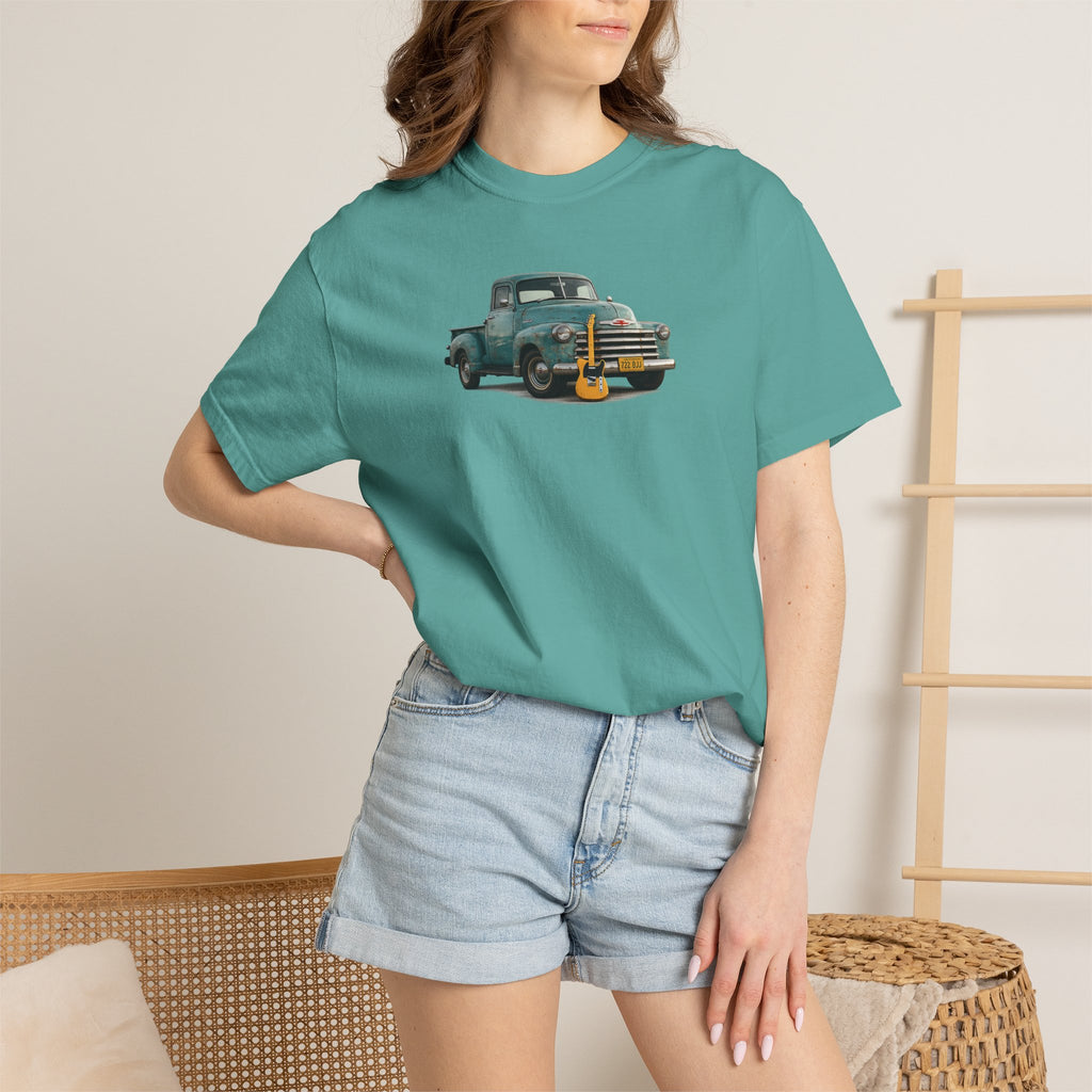 Vintage Pickup Truck & Guitar T-Shirt — Retro Americana Tee for Musicians & Classic Car Fans