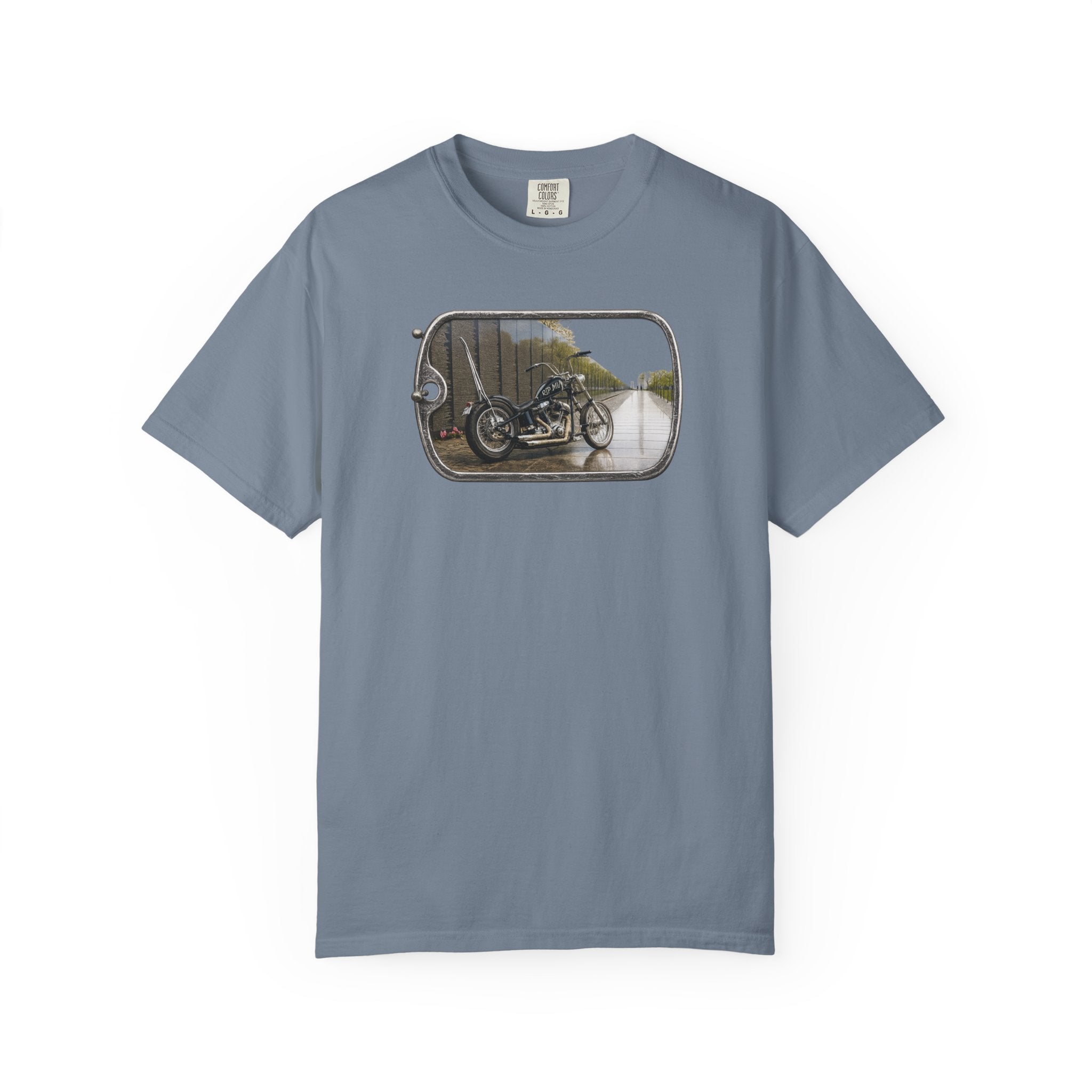 Vintage Motorcycle Dog Tag T-Shirt — Retro Chopper Scenic Print